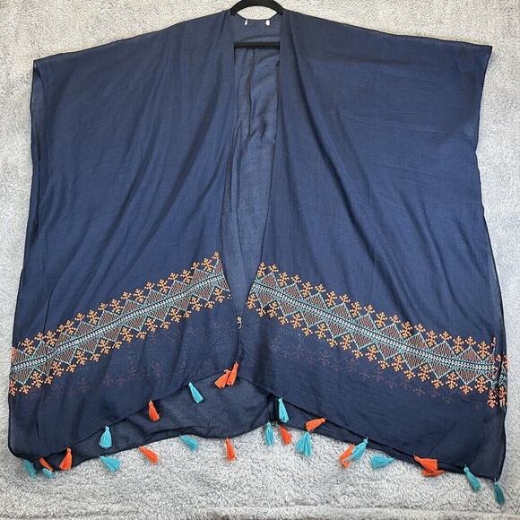 Womens Kimono One Size Blue Orange Embroidered Tackles Boho Art To Wear - Picture 3 of 9